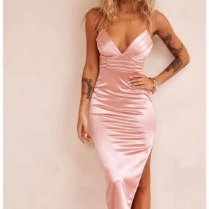 Elegant Blush Pink Satin Midi Dress